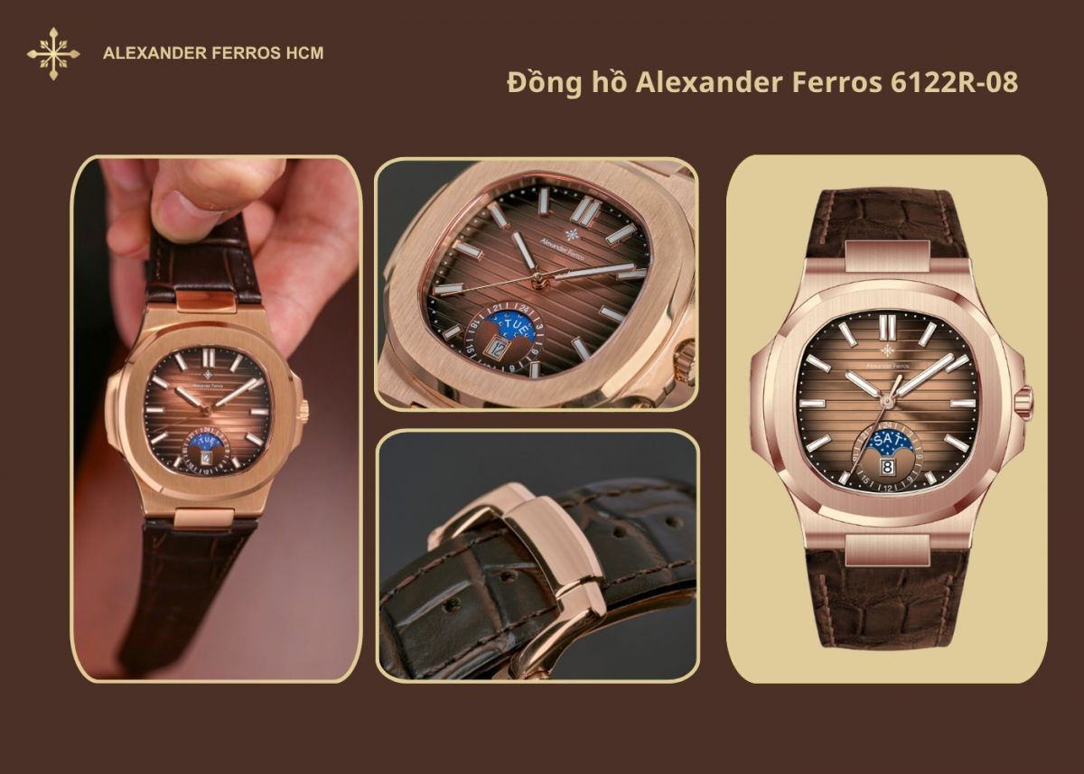 Đồng hồ nam Alexander Ferros 6122R-08 dây da vân cá sấu thanh lịch