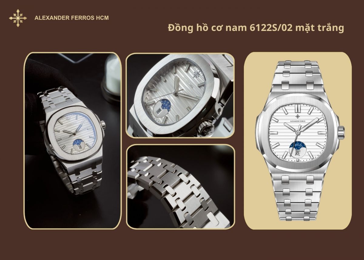 Đồng hồ nam vỏ bát giác Alexander Ferros 6122S/02 Moonphase
