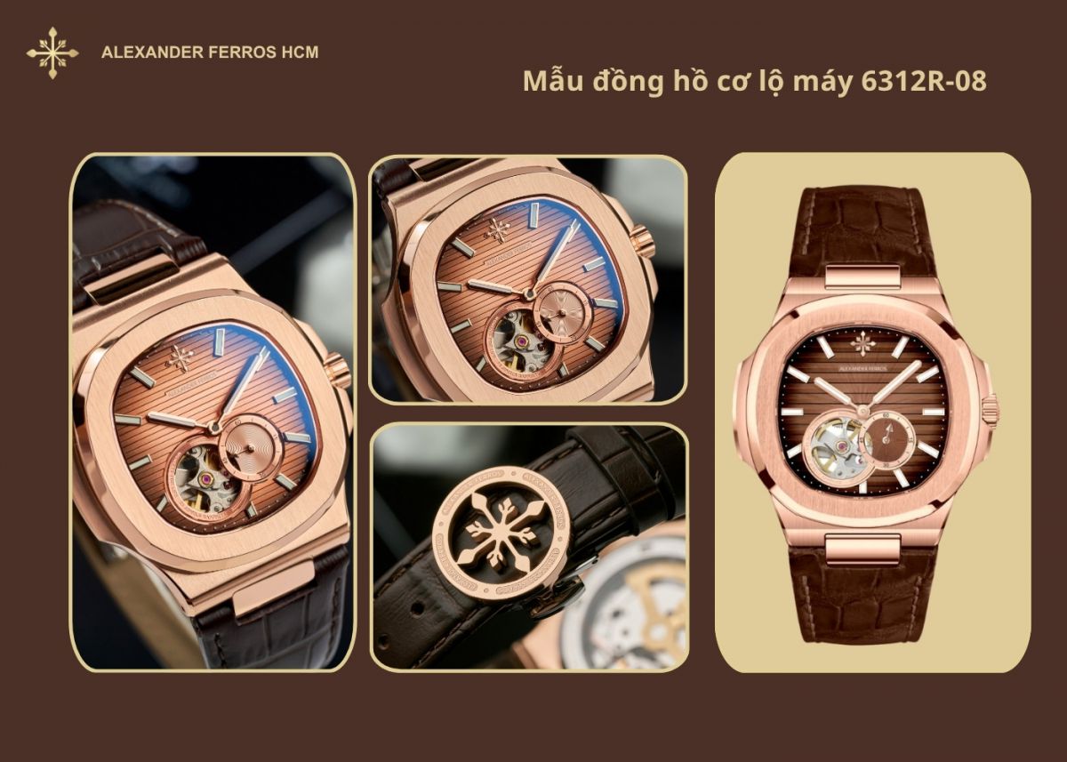 Đồng hồ Alexander Ferros 6312R-08 Open Heart dây da chính hãng