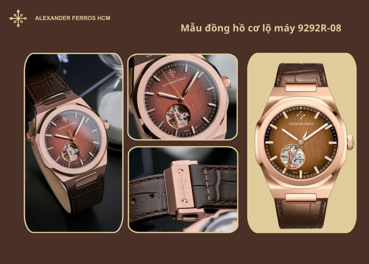 Đồng hồ cơ nam Alexander Ferros 9292R-08 lộ cơ góc 7 giờ